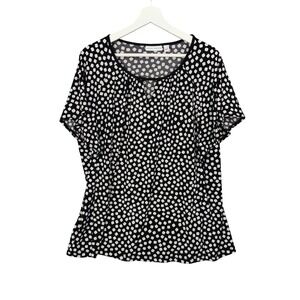 Susan Graver Women XL Black White Dot Flutter Sleeve VNeck Blouse Top Retro Twee